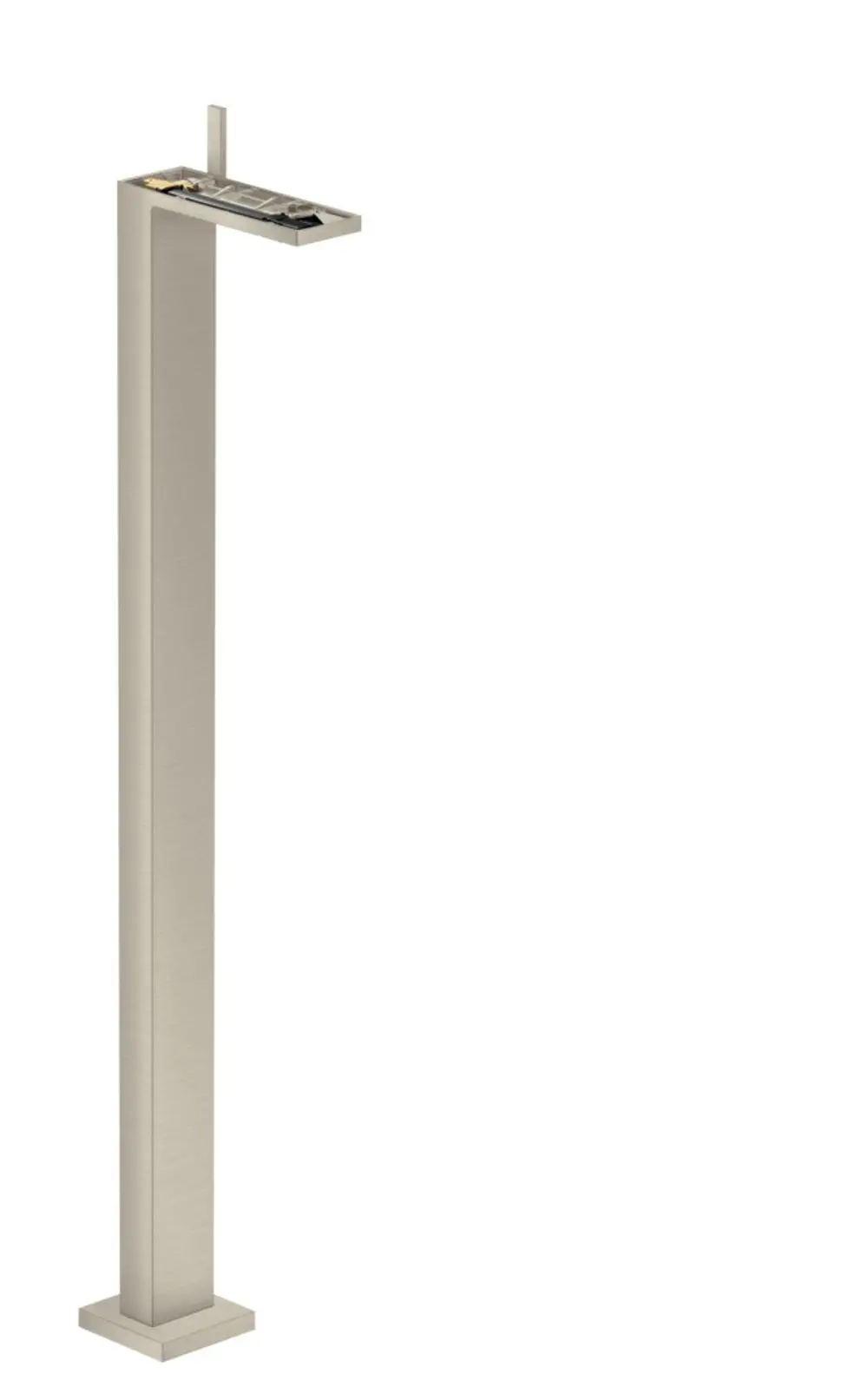 Bodenstehender Waschbeckenmischer von AXOR in gebürstetem Nickel mit Push-Open Ablaufgarnitur, ohne zusätzliche Platte, schmaler Standfuß und klarer, minimalistischer Form.